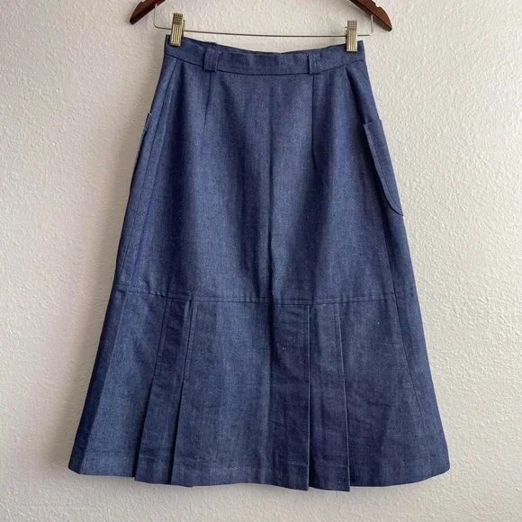 1970s Selvedge Denim Pleated Midi Skirt - Picture 4 of 8